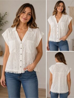 Anthropologie Ivory Lace Button-Front Blouse